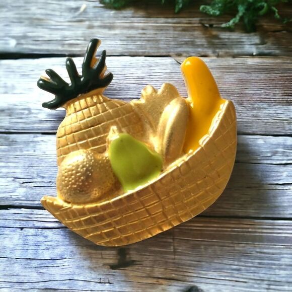 Tropical Fruit Salad Brooch Pin Gold Tone Pineapple Banana Pear Whimsical Enamel - Picture 1 of 16